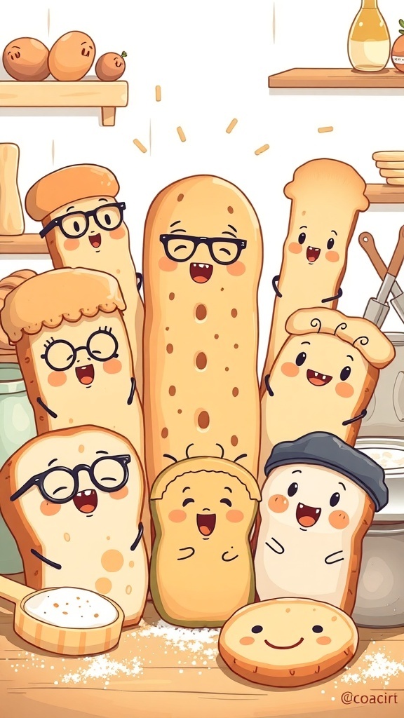A playful illustration of different breads with funny faces and accessories in a cheerful kitchen.
